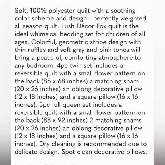 Lush Decor - 5pc Full/Queen Fox Ruffle Striped Reversible Kids' Pink/Gray - Picture 6 of 7